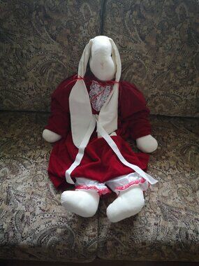 Handmade Vintage Stuffed Bunny in Red Velvet Dress Long Floppy Ears 31"